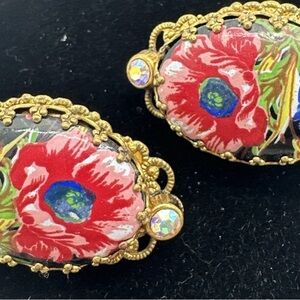 Floral Earrings Floral Filigree Brass Clip on Made in West Germany